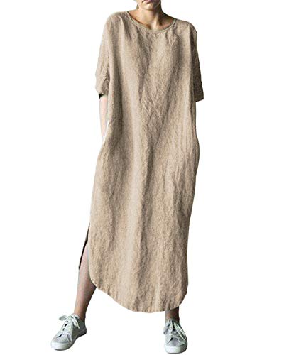 AUDATE Damen Leinen Baumwolle Lang Kleid Beiläufige Langarm Lose Maxikleider Kaftan, Khaki, DE 46 (Herstellergröße: 3XL) von AUDATE