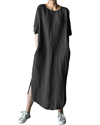 AUDATE Damen Leinen Baumwolle Lang Kleid Beiläufige Langarm Lose Maxikleider Kaftan, Schwarz, DE 38 (Herstellergröße: M) von AUDATE