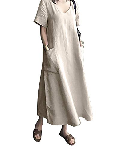 AUDATE Damen Leinen Sommer V-Ausschnitt Großes Lang Kleid Plus Size Baumwolle Maxikleid Khaki 4XL von AUDATE