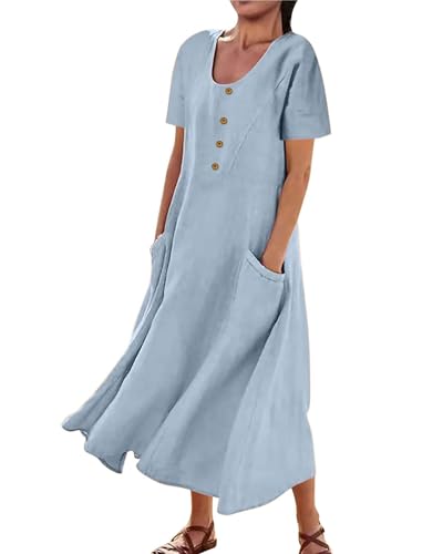 AUDATE Damen Plus Size Rundhals Sommerkleider Kurzarm Leinenkleid Baumwolle Strand Lang Kleid Freizeitkleider Hellblau XL von AUDATE