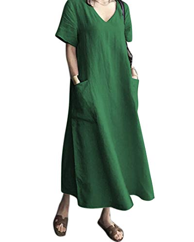 AUDATE Damen Sommer Leinen V-Ausschnitt Großes Lang Kleid Strand Baumwolle Maxikleid Grün 4XL von AUDATE