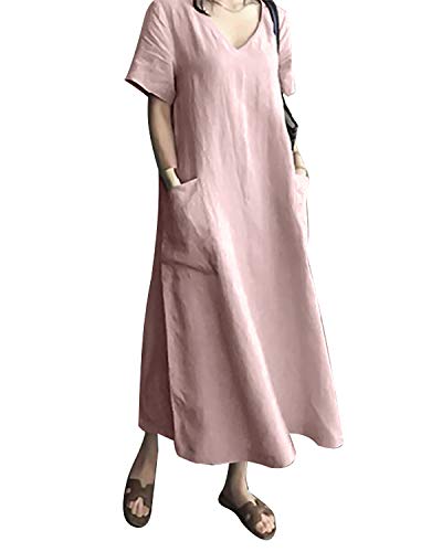 AUDATE Damen Sommer Plus Size V-Ausschnitt Kurzarm Leinen Baumwolle Loose Kaftan Langes Kleid Rosa S von AUDATE