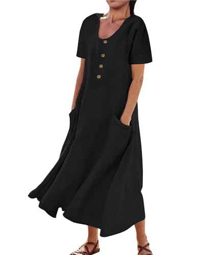AUDATE Damen Sommer Strandkleid Freizeitkleider Leinen Kleid Baumwolle Casual Kurzarm Rundhals Maxikleid Schwarz XXL von AUDATE