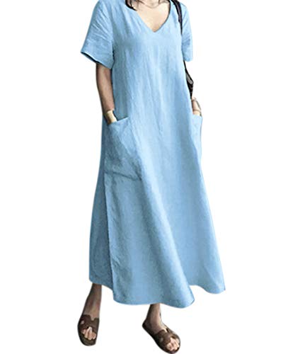 AUDATE Damen Sommer V-Ausschnitt Kurzarm Maxikledi Baumwolle Loose Kaftan Lang Kleid Hellblau L von AUDATE