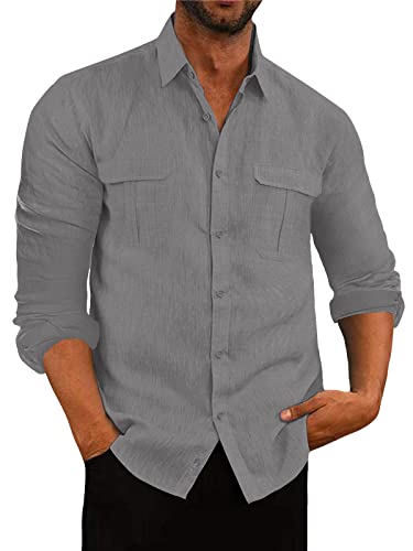 AUDATE Freizeithemd Herren Baumwolle Leinen Hemd Langarm Strand Hemden Shirts Tasche Grau XL von AUDATE