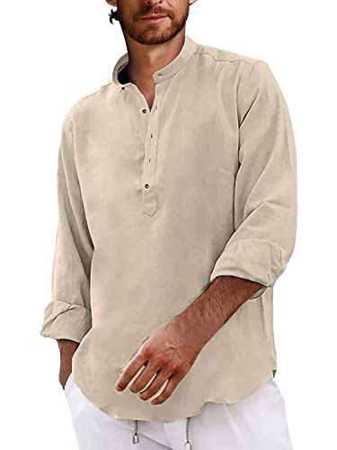 AUDATE Freizeithemd für Herren Baumwolle Leinen Hemd Männer Henley Shirts Langarm Beach Shirt Khaki L von AUDATE