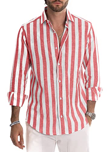 AUDATE Freizeithemden Herren Langarm Button Down Hemden Baumwolle Gestreiftes Businesshemd Arbeitshemd Rot XL von AUDATE