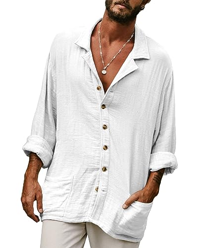 AUDATE Freizeithemden für Herren Langarm Hemd Baumwolle Leinen Hemd Vintage Button Down Casual Strand Tops Weiß M von AUDATE