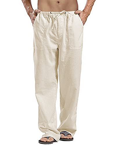 AUDATE Freizeithosen Herren Lang Leinen Baumwollehosen Casual Einfarbig Sommerhose für Männer Beige XXL von AUDATE