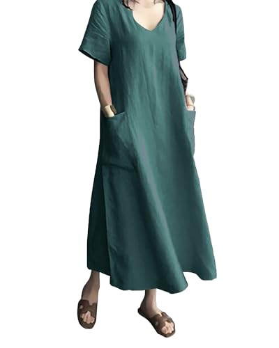 AUDATE Freizeitkleid Damen Sommerkleid Kurzarm Strand Leinenkleid V-Ausschnitt Maxikleid Dunkelgrün L von AUDATE