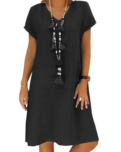 AUDATE Freizeitkleider für Damen Sommerkleid Damen Leinen Kleider Casual V-Ausschnitt Kurzarm A-Linie Kleid Strandkleid Schwarz S von AUDATE