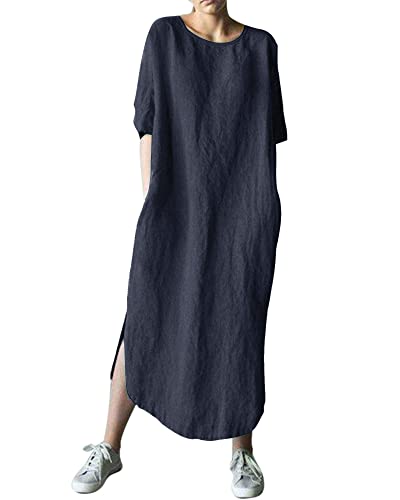 AUDATE Freizeitkleider für Damen Übergroße Casual Lang Kleid Leinen Baumwolle Kleider Marine XXL von AUDATE