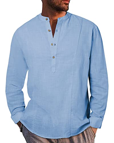 AUDATE Hemd Herren Henley Shirt Button Sommerhemd Freizeithemd Länge Ärmel Kragenloses Hemd Blau M von AUDATE