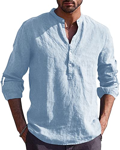 AUDATE Hemd Herren Langarm Sommerhemd Herren Henley Shirt Freizeithemd Men Beach Shirts Hellblau 3XL von AUDATE