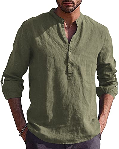 AUDATE Hemd Herren Leinenhemd Herren Freizeithemd Länge Ärmel Kragenloses Henley Shirts Armeegrün L von AUDATE