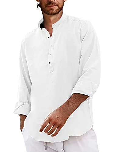 AUDATE Hemden für Herren Leinenhemd Langarm Hemd Männer Baumwolle Henley Shirt Freizeithemd Weiß 3XL von AUDATE