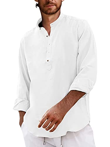AUDATE Hemden für Herren Leinenhemd Langarm Hemd Männer Baumwolle Henley Shirt Freizeithemd Weiß L von AUDATE