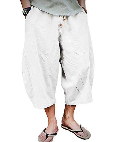 AUDATE Herren 3/4 Leinenhose Caprihose Loose Fit Strandhose Leicht Boho Sommerhose Freizeithose Weiß 3XL von AUDATE