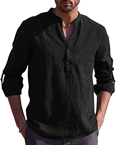 AUDATE Herren Baumwoll Leinen Freizeithemd Langarm Casaul Henley Shirts Strand Hemden Schwarz 3XL von AUDATE