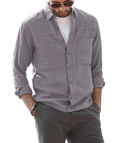 AUDATE Herren Baumwolle Hemd Button-down Langarm Freizeithemd Stehkragen Shirt Hemd Grau L von AUDATE