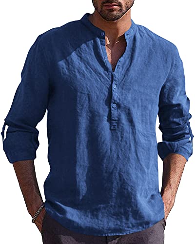 AUDATE Herren Baumwolle Hemd Leinenhemd Langarm Casual Regular Fit Shirt Freizeithemd Dunkelblau L von AUDATE