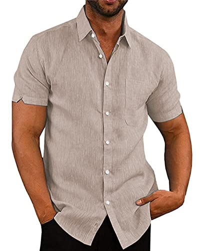 AUDATE Herren Baumwolle Leinen Hemd Freizeithemd Sommer Beach Shirts Hemden Khaki 3XL von AUDATE