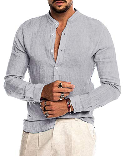 AUDATE Herren Baumwolle Leinenhemd Sommerhemd Langarm Regular Fit Freizeithemd Shirts Grau 2XL von AUDATE