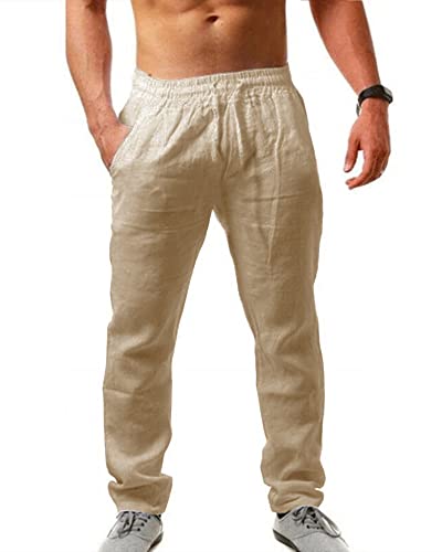 AUDATE Herren Baumwolle Leinenhose Sommerhose Lang Casual Strandhosen mit Kordelzug Khaki L von AUDATE