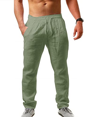 AUDATE Herren Baumwollehosen Kordelzug Sommer Beach Lang Leinen Hose für Männer Grün L von AUDATE