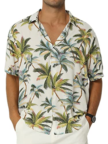 AUDATE Herren Blumen Kurzarm Knopfleiste Baumwolle Hawaii Hemd Freizeithemden Sommer Hemden Weiß L von AUDATE