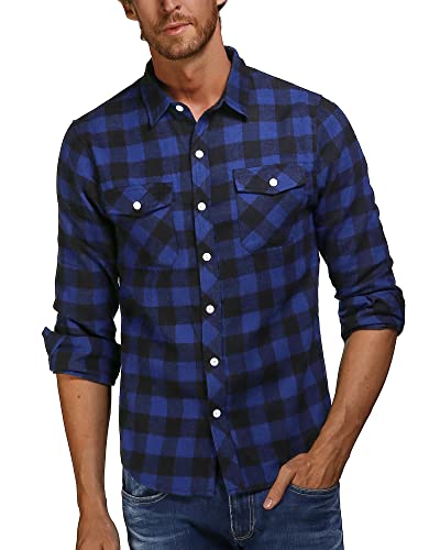 AUDATE Herren Button Down Hemd Baumwolle Kariertes Herrenhemd Mens Langarm Plaid Shirt Dunkelblau S von AUDATE