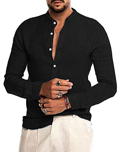 AUDATE Herren Button-down Baumwolle Leinenhemd Langarm Regular Fit Shirts Freizeithemd Schwarz 2XL von AUDATE