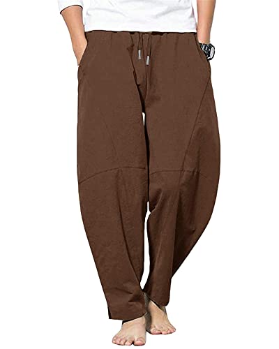 AUDATE Herren Casual Hosen Leinen Freizeithose Einfarbig Loose Fit Sommerhose Strandhosen Kaffee M von AUDATE