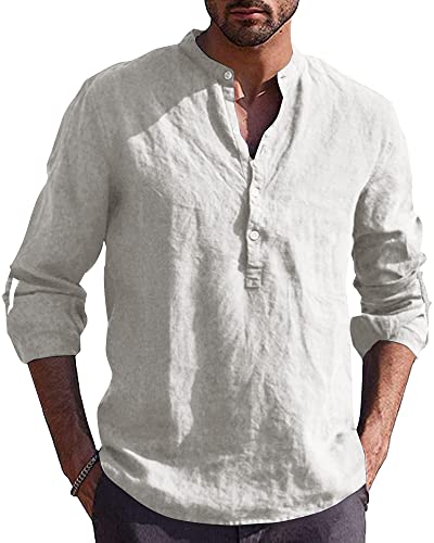 AUDATE Herren Freizeithemd Baumwoll Leinen Henley Hemd Langarm Lässige Strand Hemd T-Shirts Tops Weiß M von AUDATE