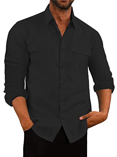 AUDATE Herren Freizeithemd Baumwolle Hemden Button Langarm Hemd Solid Shirts Mit Tasche Schwarz XL von AUDATE