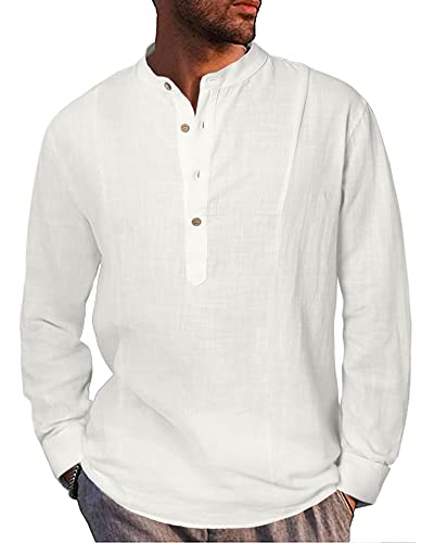 AUDATE Herren Freizeithemd Baumwolle Leinenhemd Henley Hemd Langarm Strand Hemd Tops Weiß M von AUDATE