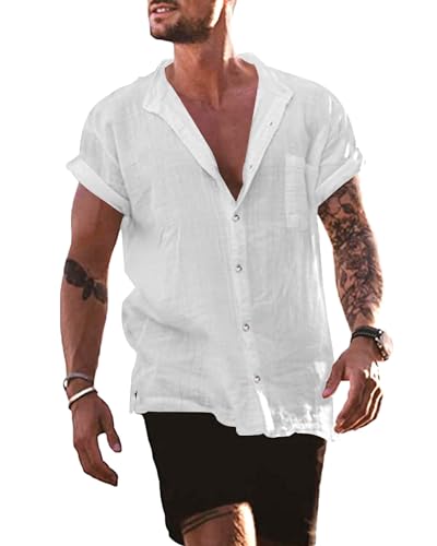 AUDATE Herren Freizeithemd Baumwolle Leinenhemd Kurzarm Henley Shirt Sommer Strand Hemd Weiß L von AUDATE