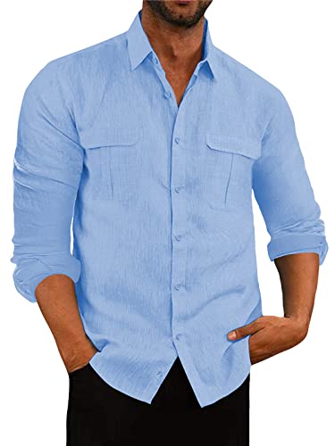 AUDATE Herren Freizeithemd Baumwollehemd Langarm Einfarbig Mens Casual Shirt Tops Blau 3XL von AUDATE