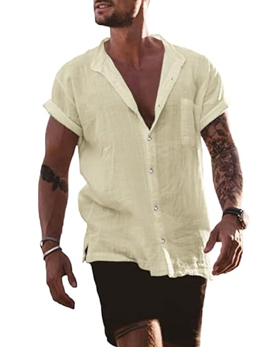 AUDATE Herren Freizeithemd Casual Sommer Leinen Hemd Button Kurzarm Mens Henley Shirts Beige 3XL von AUDATE