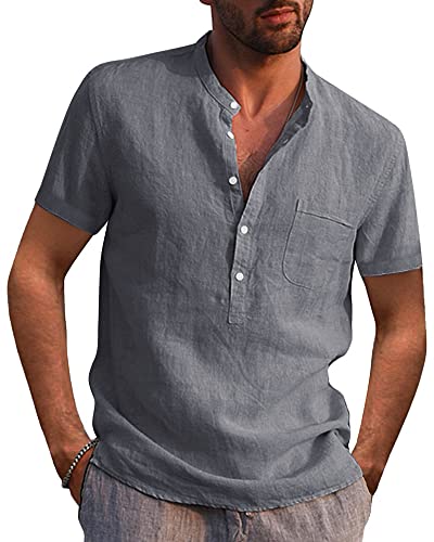 AUDATE Herren Freizeithemd Kurzarm Leinenhemd Hemd Casual Summer Beach Henley Shirt Dunkelgrau L von AUDATE