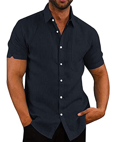 AUDATE Herren Freizeithemd Kurze Ärmel Männer Sommer Hemd Regular Fit Hemden Marine XL von AUDATE