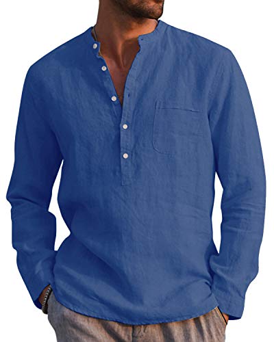 AUDATE Herren Freizeithemd Lang Ärmel Männer Hemd Casual Henley Shirt Oberteile Tops Dunkelblau M von AUDATE