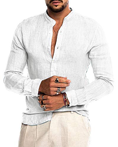 AUDATE Herren Freizeithemd Langarm Leinen Baumwolle Hemd Einfarbig Basic Tops Shirt Weiß 2XL von AUDATE