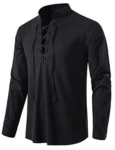 AUDATE Herren Freizeithemd Langarm Schnürhemd Baumwolle Hemd Mittelalter Vintage Kostüm Schwarz 3XL von AUDATE