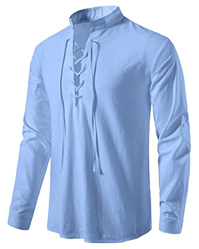AUDATE Herren Freizeithemd Langarmshirts Gemütliche Schnür-Piratenhemden Vintage Hemden Himmelblau L von AUDATE