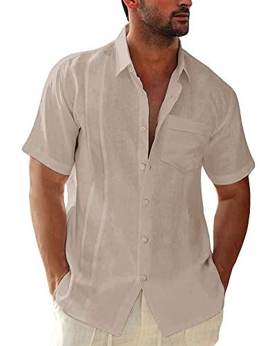 AUDATE Herren Freizeithemd Sommer Strand Hemden Leinenhemd Kurz Ärmel Beach Top Shirt Khaki L von AUDATE