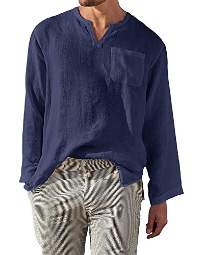 AUDATE Herren Freizeithemd V-Ausschnitt Einfarbig Hemden Lang Ärmel Roll Up Henley Shirt Marineblau L von AUDATE