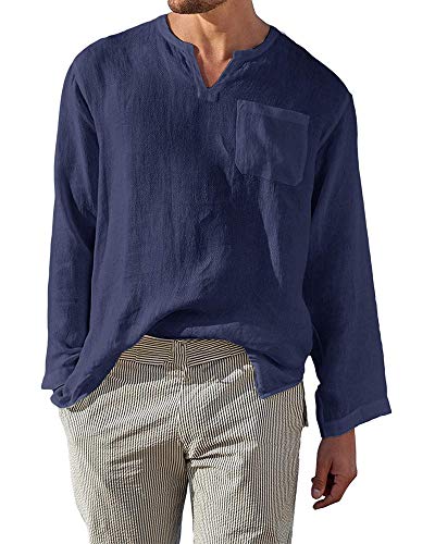 AUDATE Herren Freizeithemd V-Ausschnitt Einfarbig Hemden Lang Ärmel Roll Up Henley Shirt Marineblau XXL von AUDATE