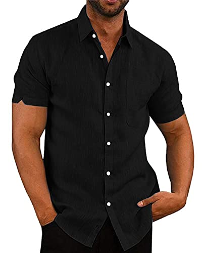 AUDATE Herren Freizeithemden Kurzarm Button Shirts Hemd Sommer Einfarbig Hemden Schwarz M von AUDATE