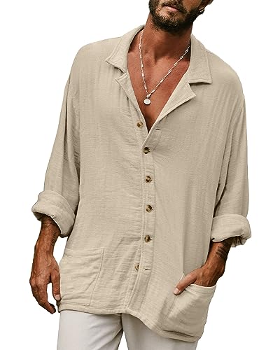 AUDATE Herren Freizeithemden Sommer Hemd Herren Langarm Baumwolle Leinenhemd Regular Fit Men's Casual Shirts Khaki M von AUDATE